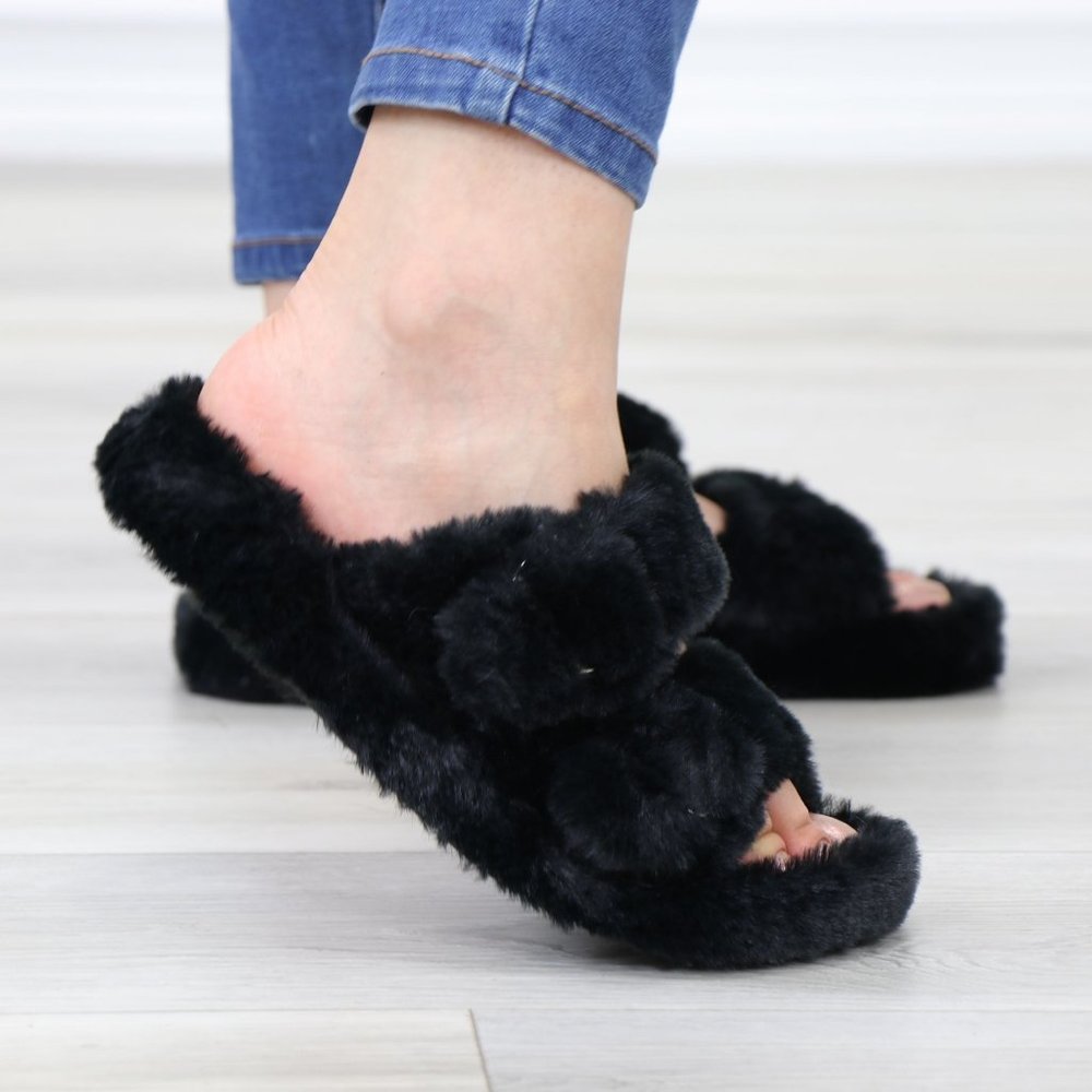 Black Puff Fuzzy Fluffy Slip On Plush Slippers Double Strap - Picture 10 of 16